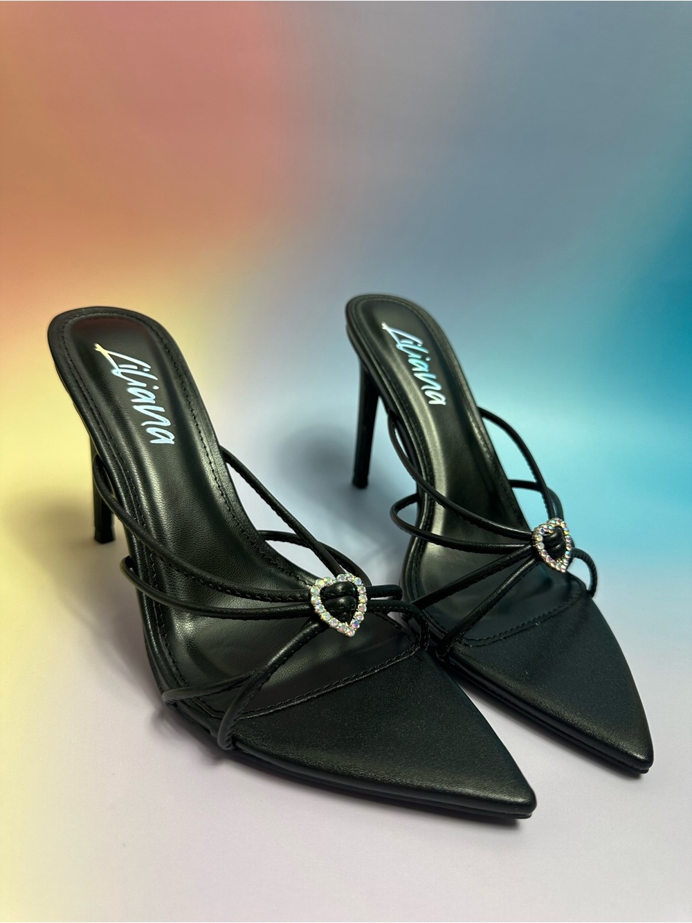 Liliana Black Rhinestone Heart Strappy Stiletto Mules